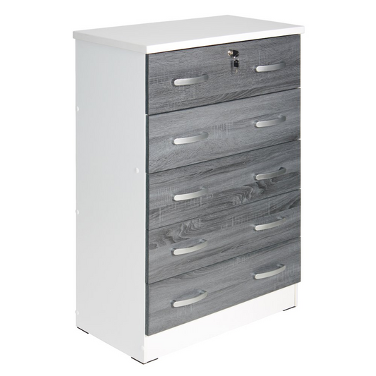 Cindy 5 Drawer Chest Wooden Dresser with Lock in White/Gray