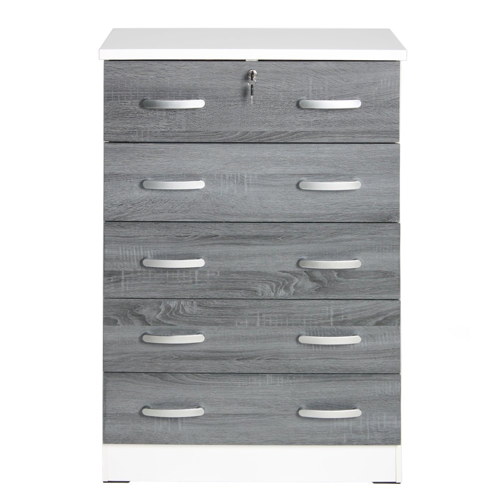 Cindy 5 Drawer Chest Wooden Dresser with Lock in White/Gray