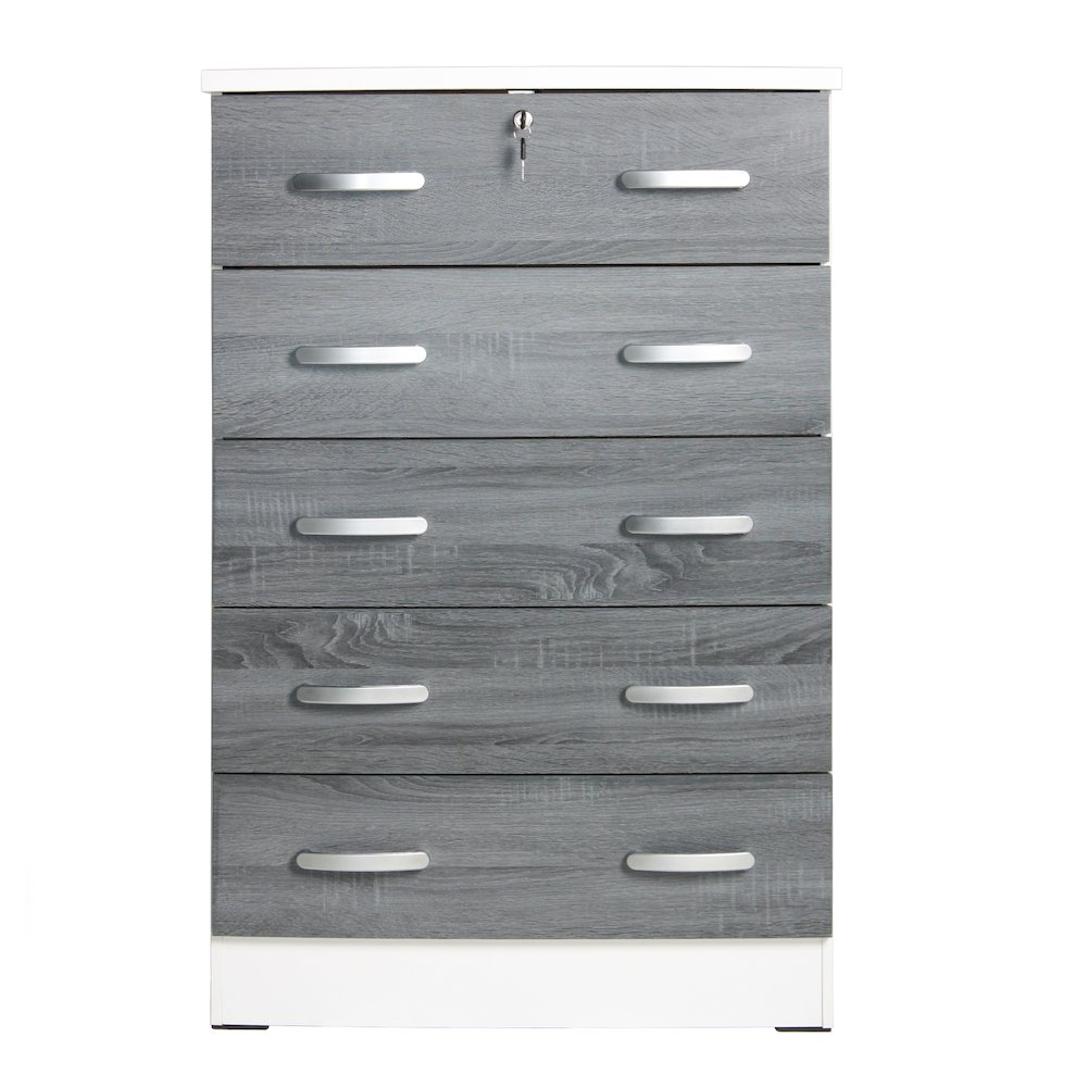 Cindy 5 Drawer Chest Wooden Dresser with Lock in White/Gray