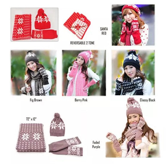 Snow Angel 3 pc XMas Set of Scarf, Hat And Gloves In 2 Tones