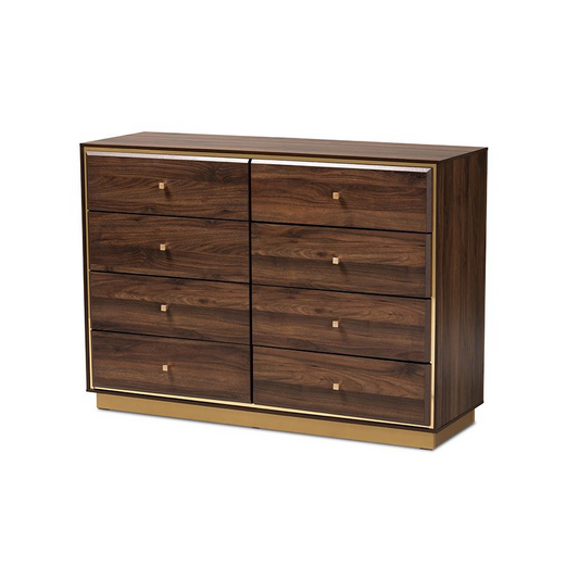 Walnut Brown Finished Wood and Gold Metal 8-Drawer Dresser