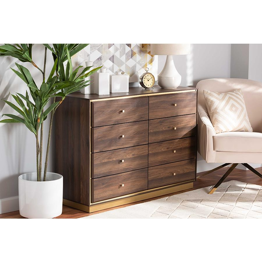 Walnut Brown Finished Wood and Gold Metal 8-Drawer Dresser