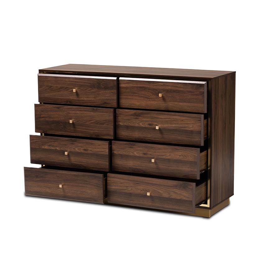 Walnut Brown Finished Wood and Gold Metal 8-Drawer Dresser