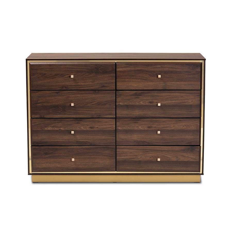 Walnut Brown Finished Wood and Gold Metal 8-Drawer Dresser