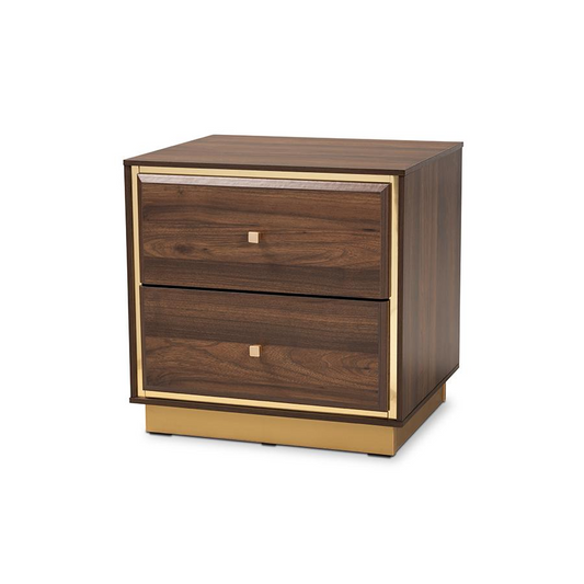 Transitional Walnut Brown Finished Wood and Gold Metal 2-Drawer Nightstand