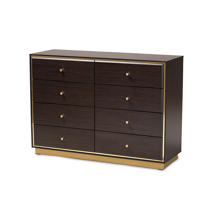 Espresso Brown Finished Wood and Gold Metal 8-Drawer Dresser