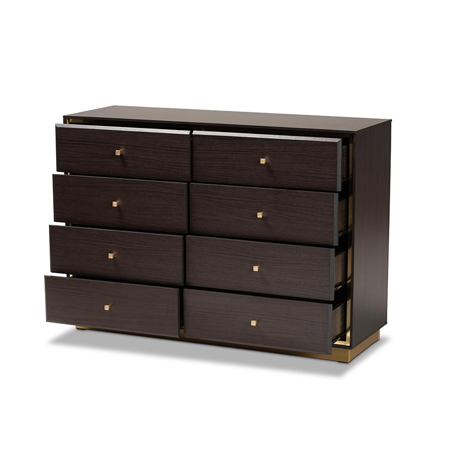 Espresso Brown Finished Wood and Gold Metal 8-Drawer Dresser