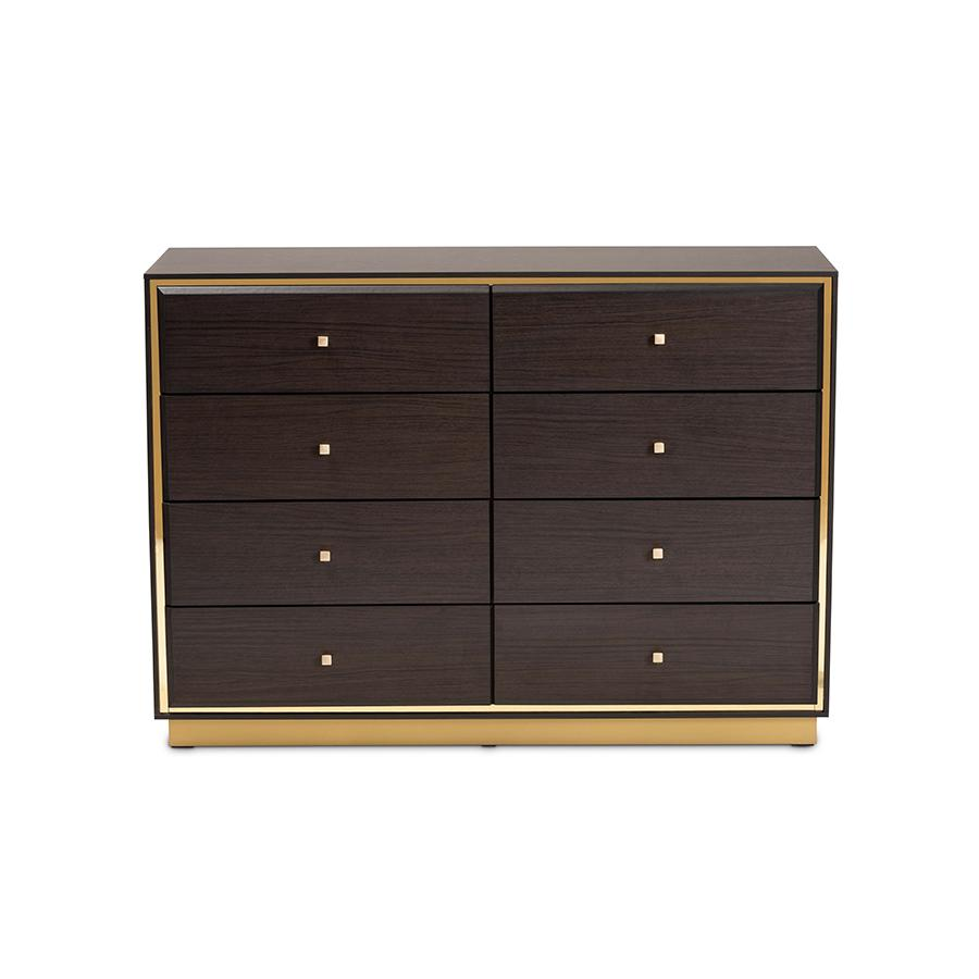 Espresso Brown Finished Wood and Gold Metal 8-Drawer Dresser