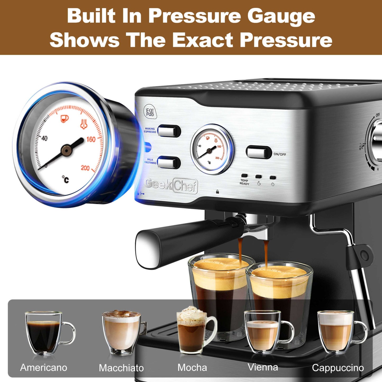 20 Bar Pressure Cappuccino Latte Maker Coffee Machine