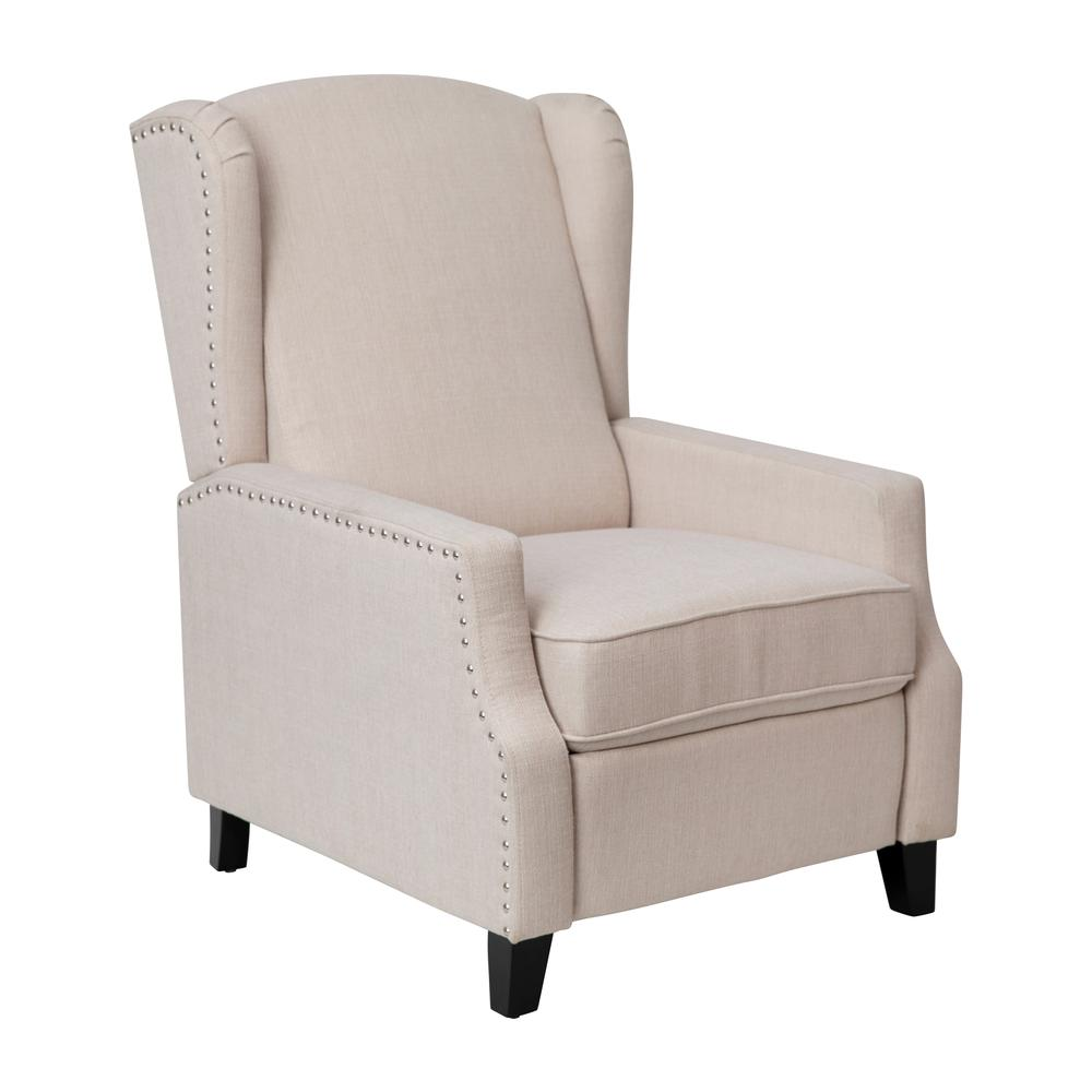 Prescott Traditional Style Slim Push Back Recliner Chair-Wingback Recliner with Cream Fabric Upholstery-Accent Nail Trim