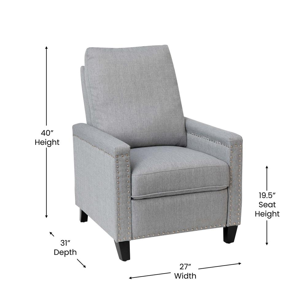 Carson Transitional Style Push Back Recliner Chair - Pillow Back Recliner - Light Gray Fabric Upholstery - Accent Nail Trim