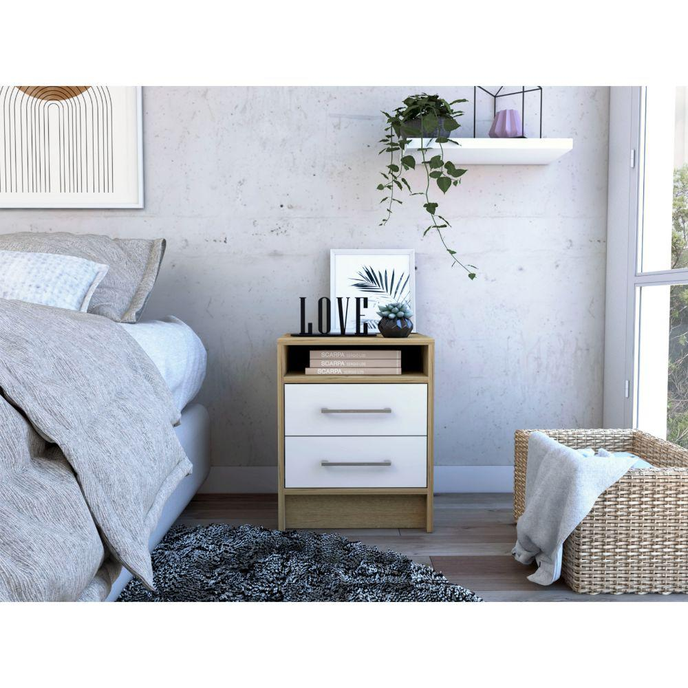 DEPOT E-SHOP Leyva Nightstand, Two Drawers, Countertop White/Light Oak, For Bedroom