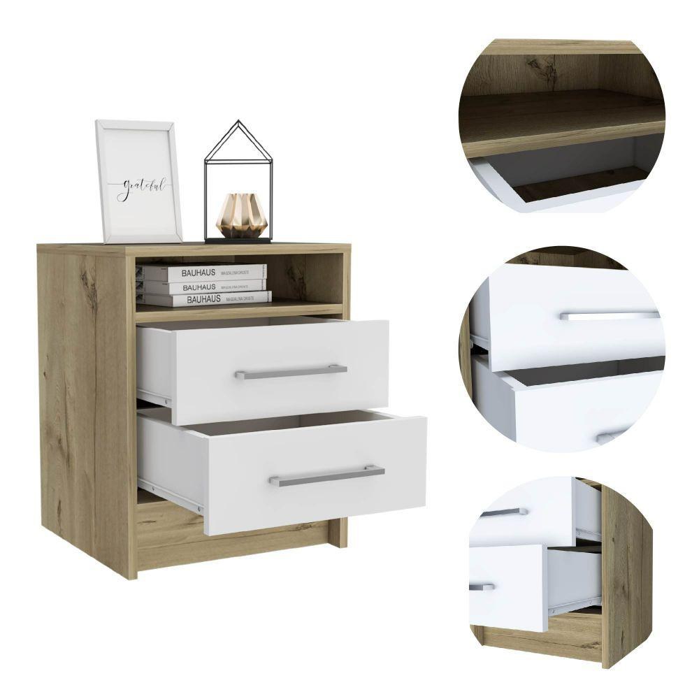 DEPOT E-SHOP Leyva Nightstand, Two Drawers, Countertop White/Light Oak, For Bedroom