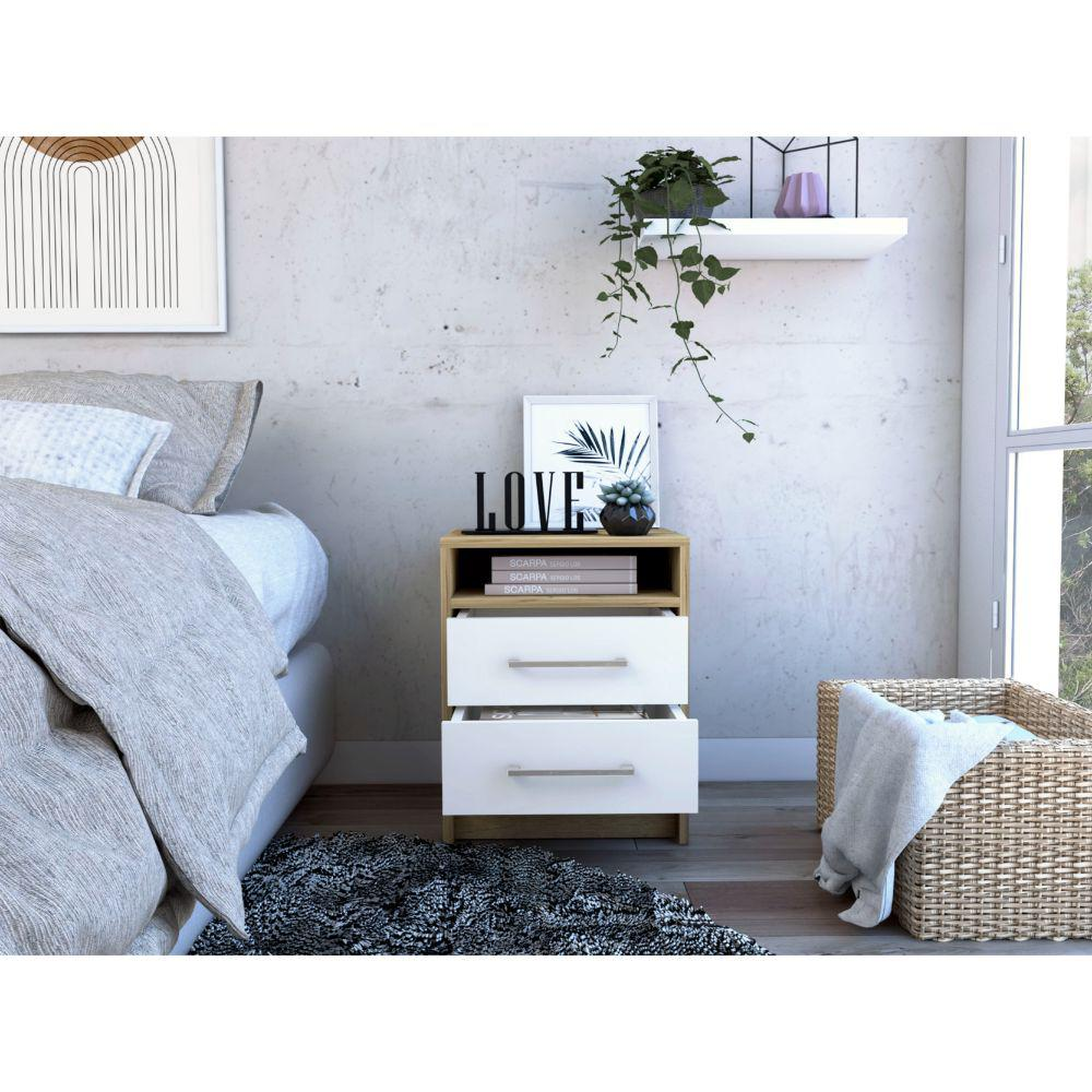 DEPOT E-SHOP Leyva Nightstand, Two Drawers, Countertop White/Light Oak, For Bedroom