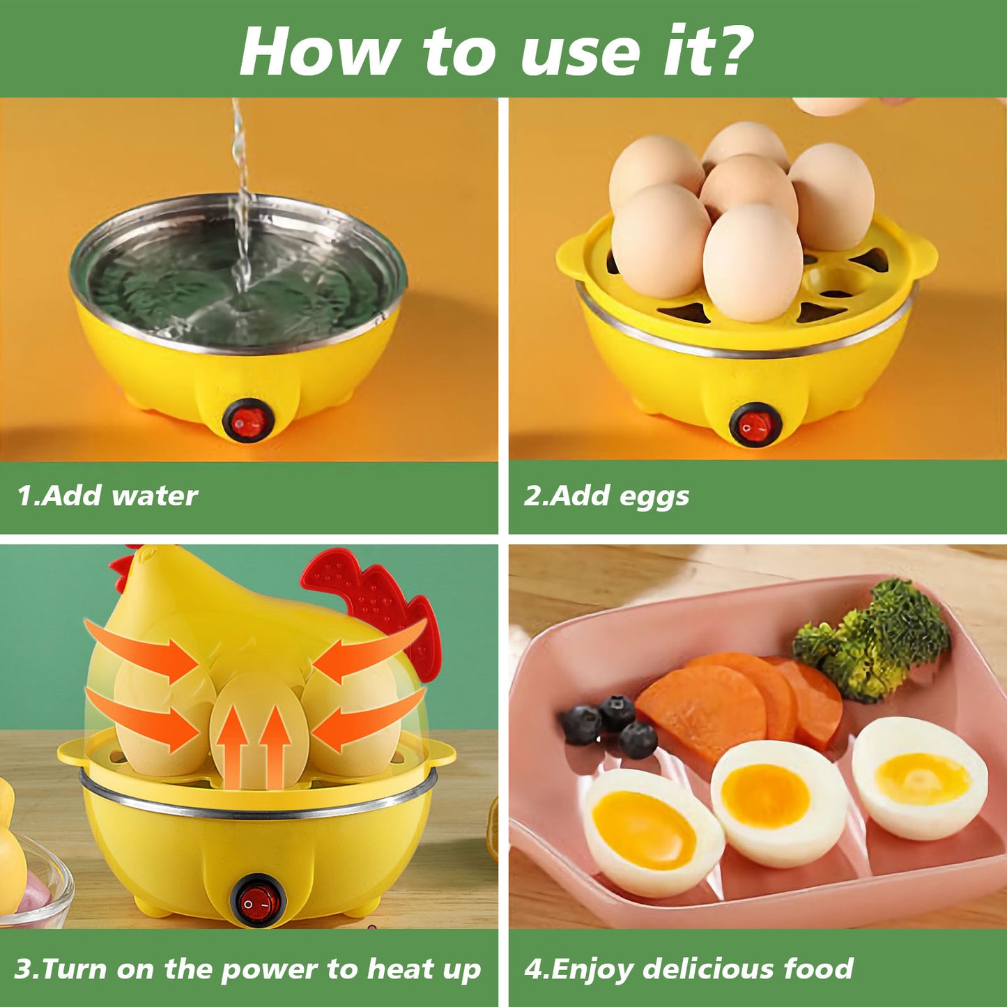 Egg Cooker, Egg Boiler With Steamer Attachment For Soft And Hard Boiled Eggs