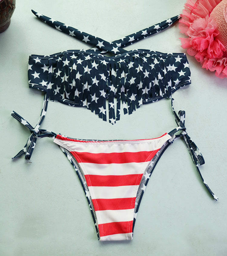 Tassel flag print bikini