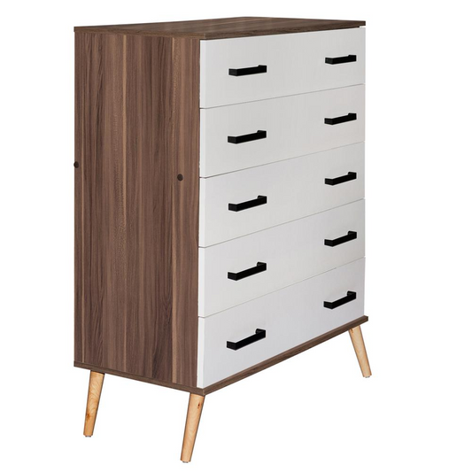 Eli Mid-Century Modern 5 Drawer Chest in Walnut & White