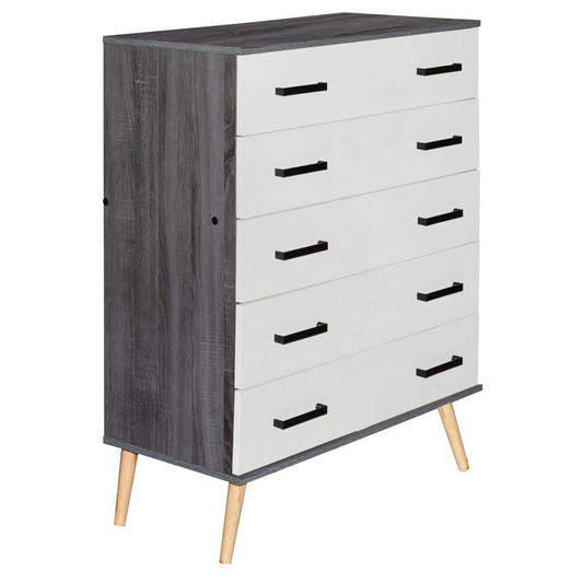 Eli Mid-Century Modern 5 Drawer Chest Charcoal Oak & Silver Oak