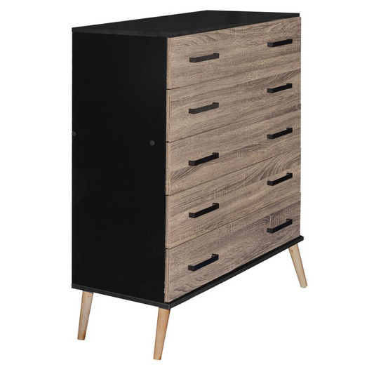 Eli Mid-Century Modern 5 Drawer Chest in Black & Sonoma Oak