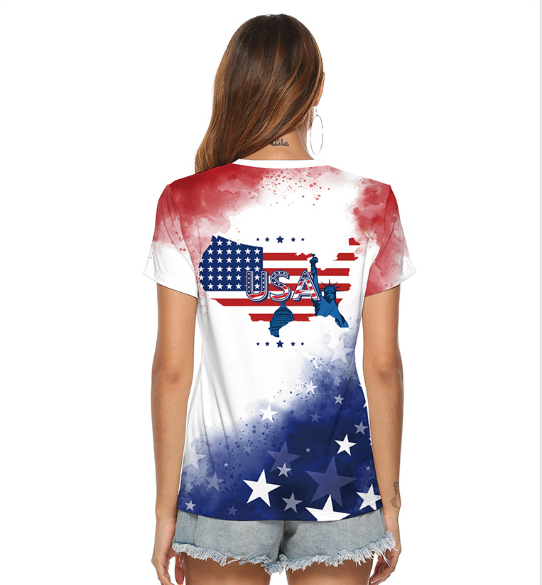 Women's Independent National Flag Digital Printed V-neck Loose T-shirt