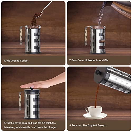 French Press Cafetiere 4 Cups, Stainless Steel Body Shell Coffee Maker