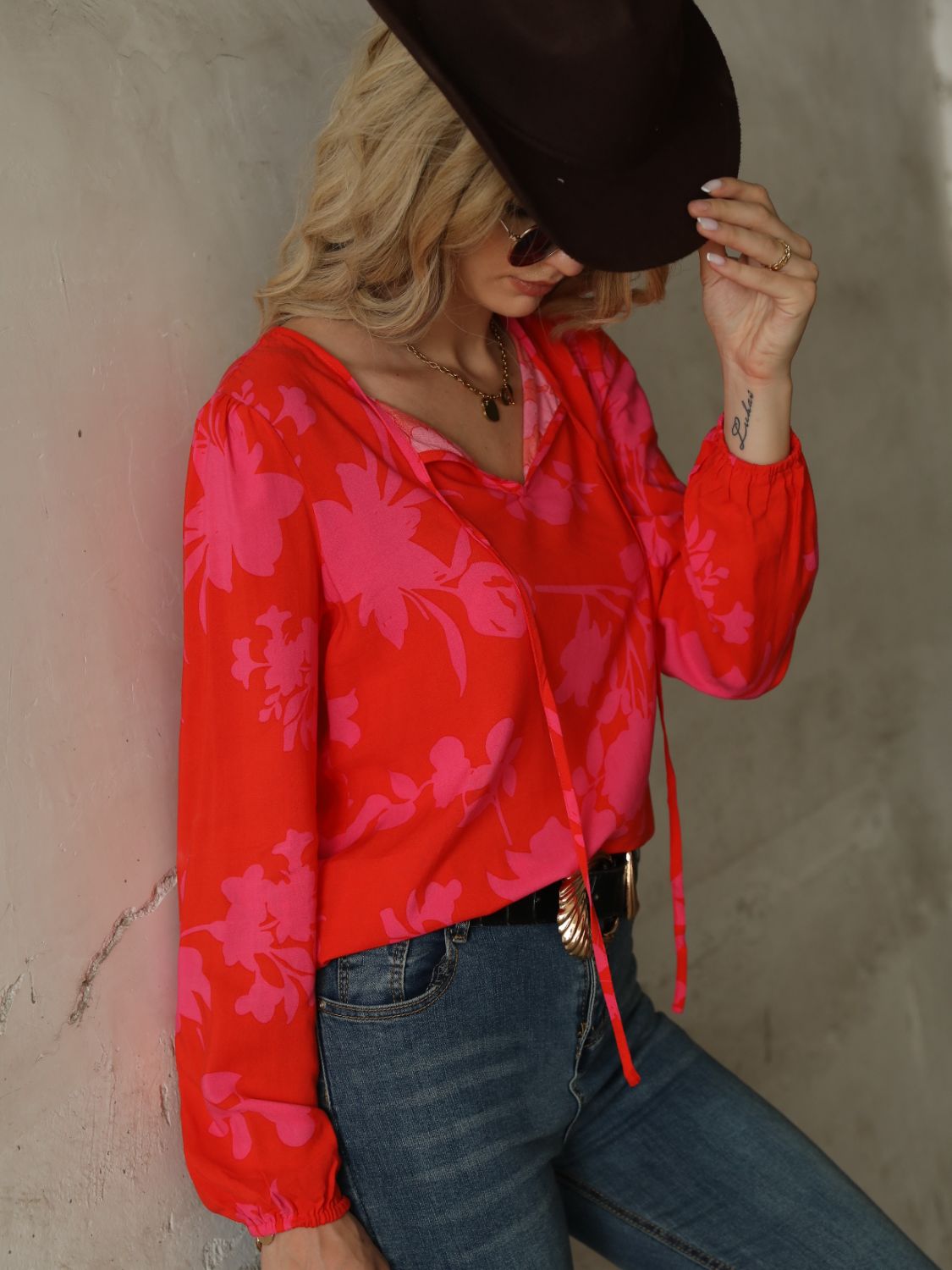 Printed Tie Neck Long Sleeve Blouse